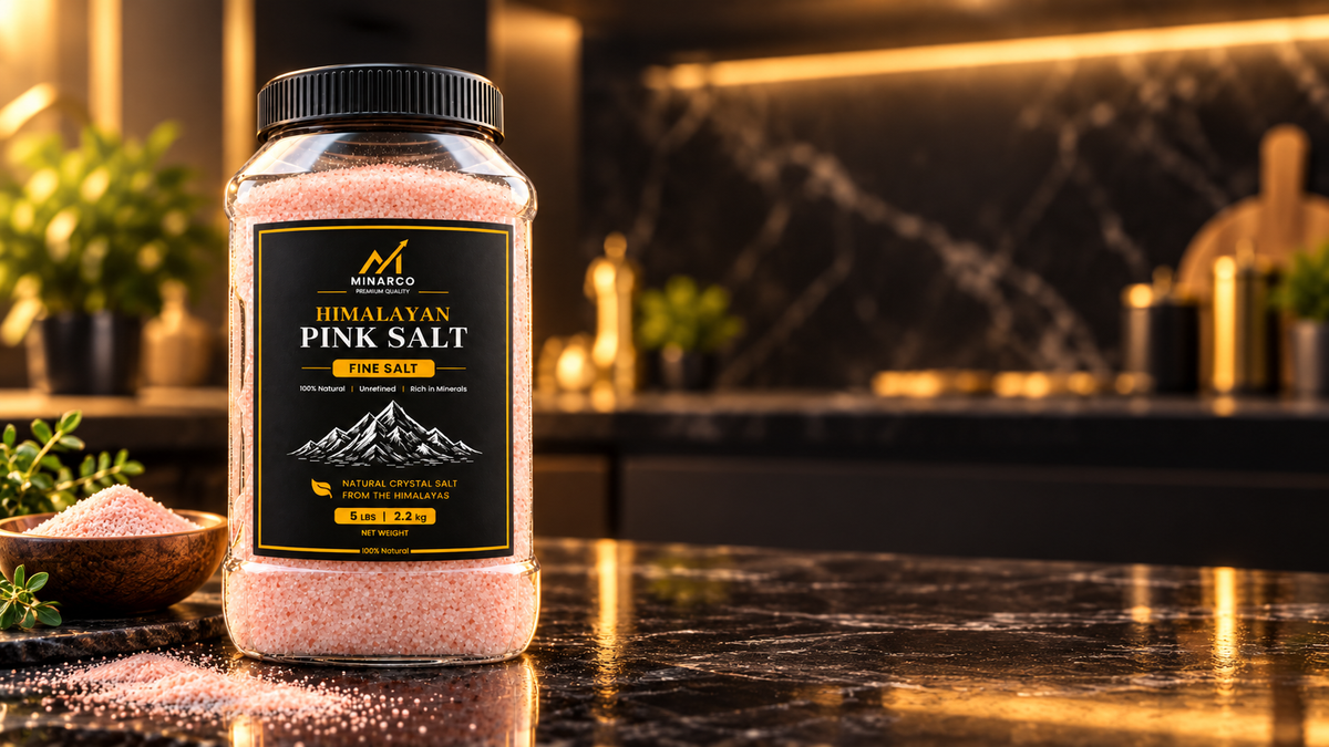 MINARCO 5 lb fine Himalayan pink salt jar premium kitchen banner