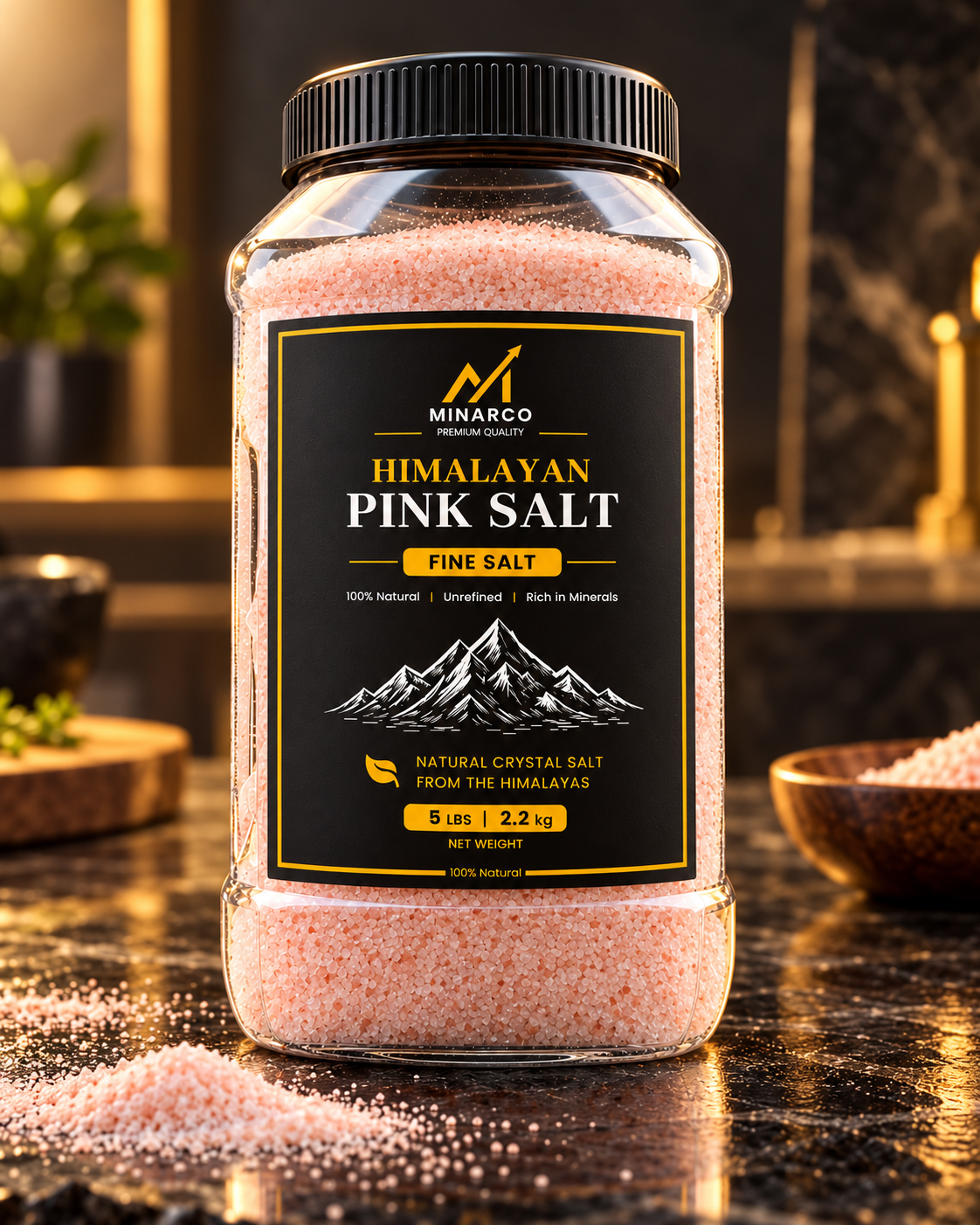 MINARCO 5 lb fine Himalayan pink salt jar premium kitchen hero image