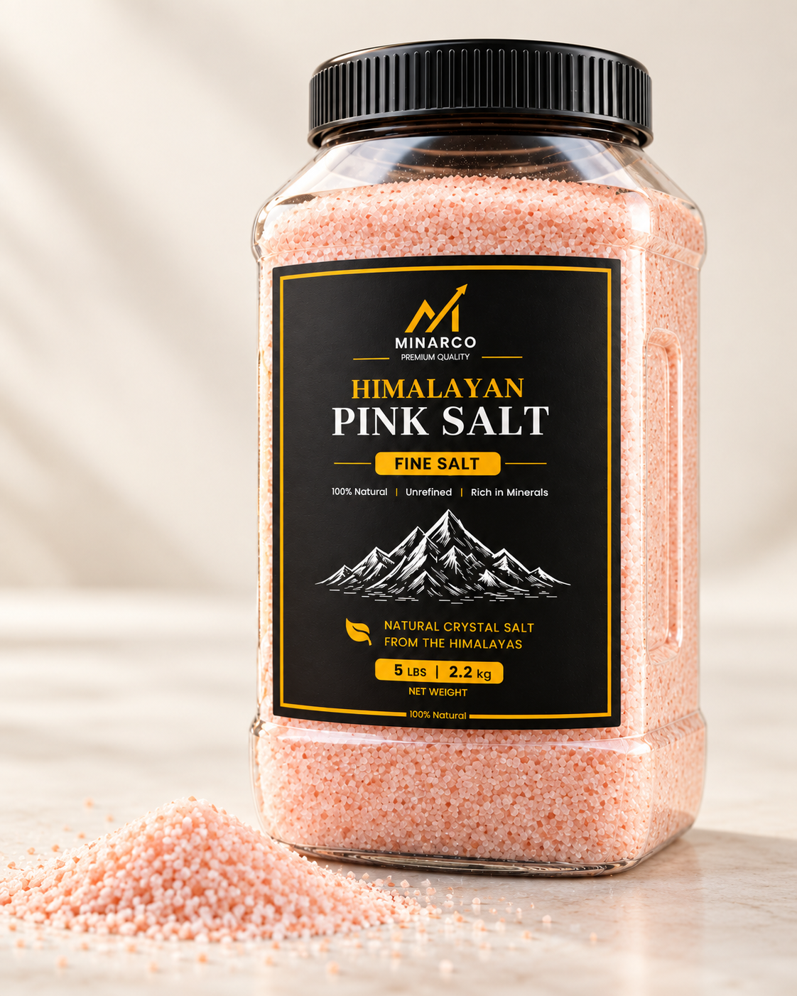 MINARCO 5 lb fine Himalayan pink salt jar on a clean studio background