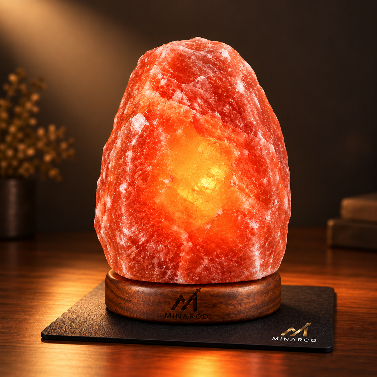 Close view of illuminated MINARCO 7 inch deep pink Himalayan salt lamp on branded mat