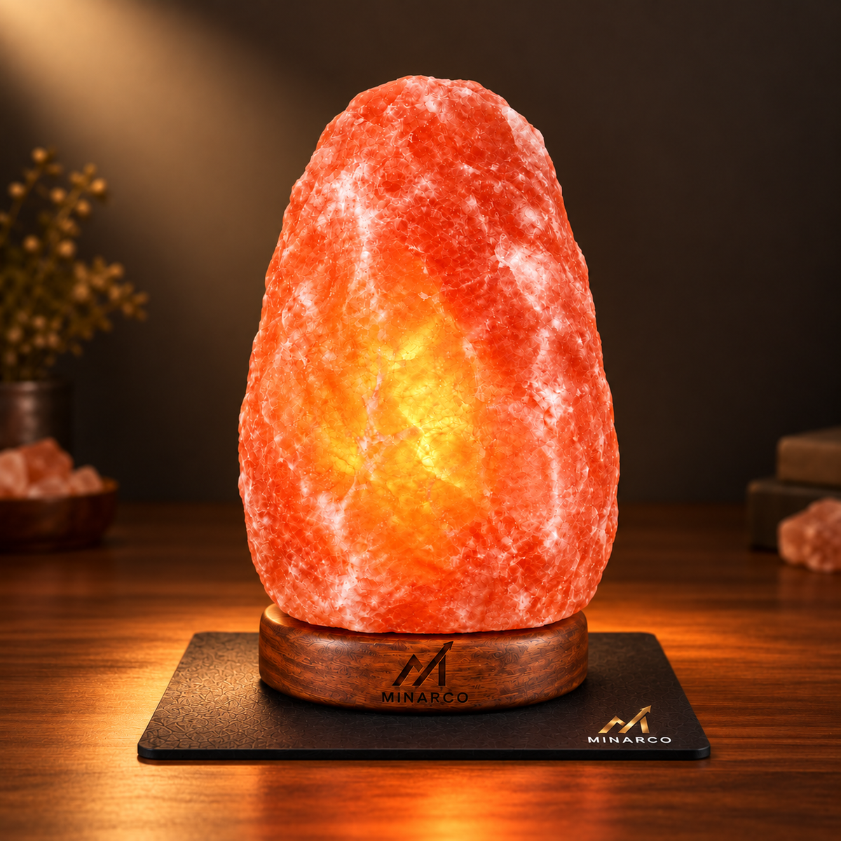 MINARCO 7 inch deep pink Himalayan salt lamp illuminated on MINARCO protective mat