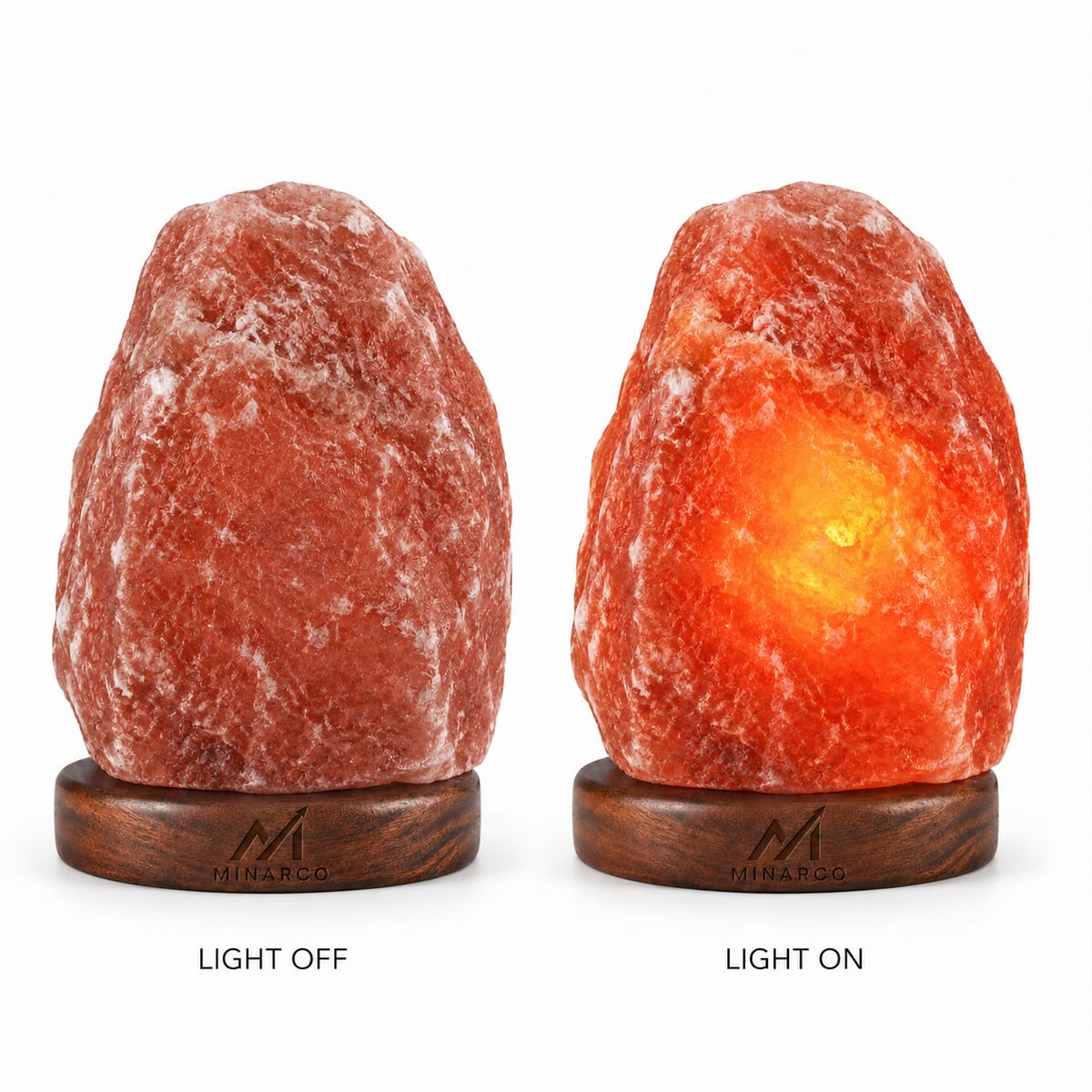 MINARCO 7 inch deep pink Himalayan salt lamp shown with light off and light on