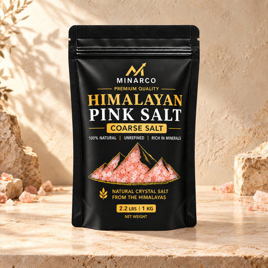 Styled MINARCO coarse Himalayan pink salt pouch — 2.2 lb