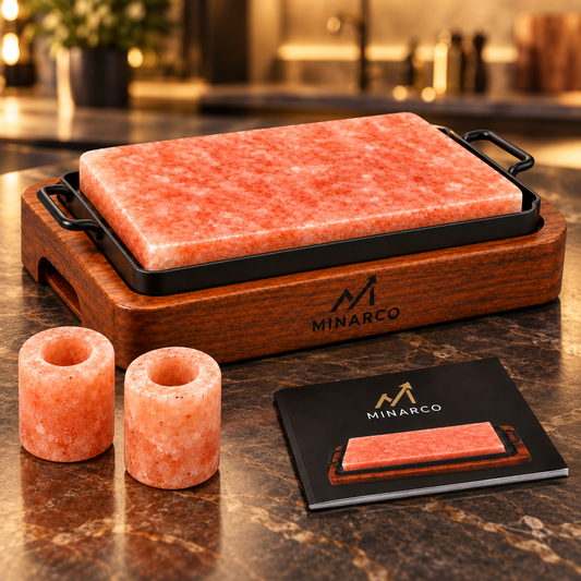 Styled MINARCO Himalayan salt cooking and serving set
