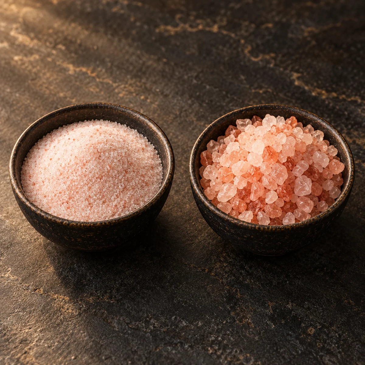 Fine and coarse pink salt grain comparison