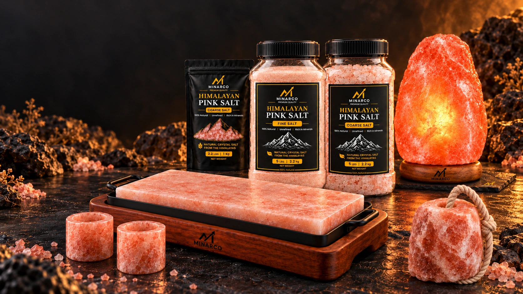 MINARCO product family: fine and coarse pink salt jars, refill pouch, salt lamp, cooking plate set, salt shot glasses and animal salt lick
